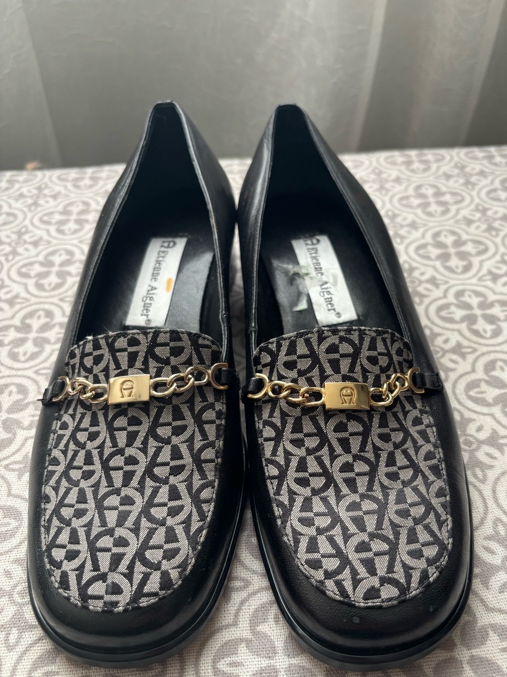 Etienne Aigner Black & Gray Patterned Women's Loafers Gold Chain Accent 7 M